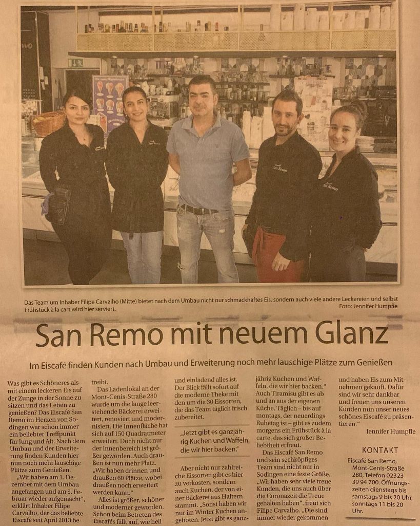 Zeitungsausschnitt über San Remo mit dem Titel 'San Remo mit neuem Glanz'